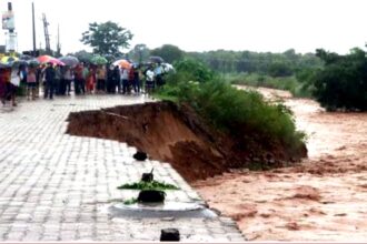 Collapsed newly constructed road at Nayagaon in Chandigarh after heavy rainfall