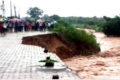 Collapsed newly constructed road at Nayagaon in Chandigarh after heavy rainfall