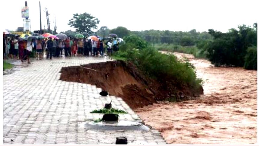 Collapsed newly constructed road at Nayagaon in Chandigarh after heavy rainfall