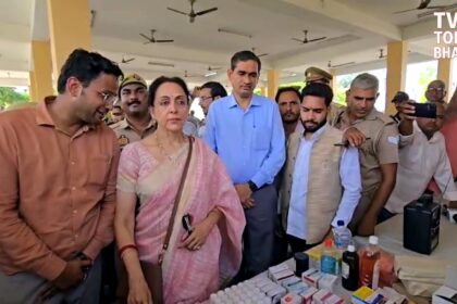 Hema Malini distributing food and meeting flood-affected people at relief camps in Mathura