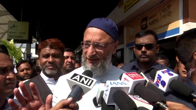 Asaduddin Owaisi arriving at Bagdogra Airport, interacting with the public during election campaign.