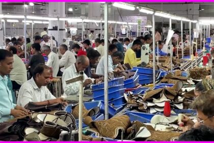 Artisan crafting traditional leather footwear in Agra's leather industry workshop