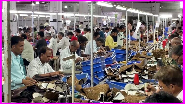 Artisan crafting traditional leather footwear in Agra's leather industry workshop