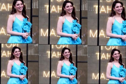Tamannaah Bhatia in blue dress smiling and posing