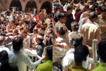"बांके बिहारी मंदिर वृंदावन में श्रद्धालु और निजी सुरक्षाकर्मी आपस में भिड़ते हुए, पुलिस मौके पर तमाशबीन बनी रही"