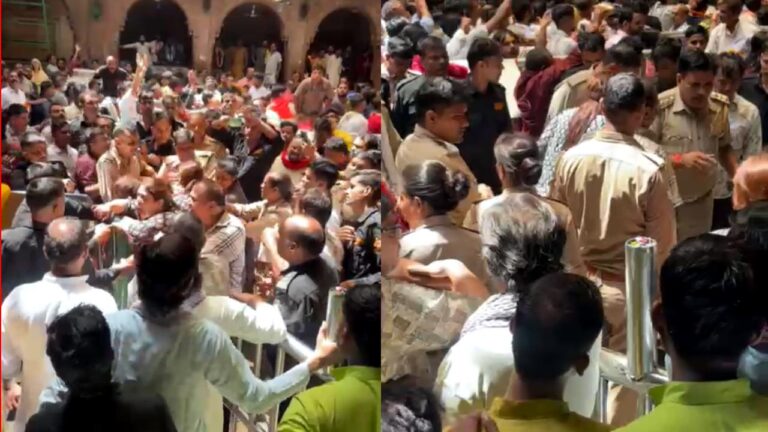 "बांके बिहारी मंदिर वृंदावन में श्रद्धालु और निजी सुरक्षाकर्मी आपस में भिड़ते हुए, पुलिस मौके पर तमाशबीन बनी रही"