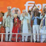 Amit Shah and Maithili Thakur addressing massive crowd in Darbhanga, Bihar during BJP election rally.