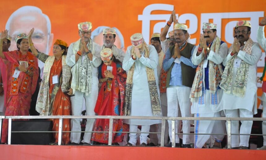 Amit Shah and Maithili Thakur addressing massive crowd in Darbhanga, Bihar during BJP election rally.