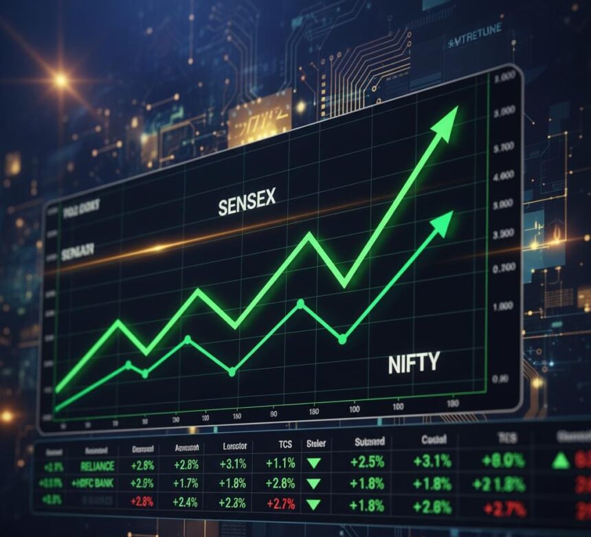 Indian stock market shines ahead of Diwali with Sensex and Nifty closing higher, investors celebrating festive optimism as banking and energy sectors lead market rally at BSE and NSE trading floors.