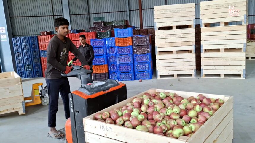 Apple crates stacked inside a cold storage facility in South Kashmir, where farmers are preserving their produce during the Srinagar–Jammu Highway shutdown.
