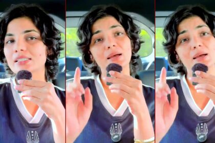 Neha Singh Rathore expressing her views with a microphone, satirical commentary on Bhojpuri singers entering Bihar politics