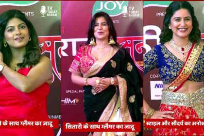 Describe the outfit color and style specifically, e.g., "Deep red satin gown with sequined bodice and floor-length skirt