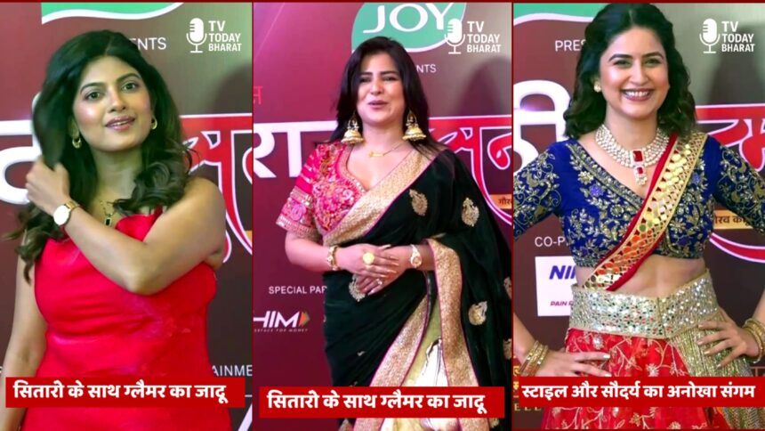 Describe the outfit color and style specifically, e.g., "Deep red satin gown with sequined bodice and floor-length skirt