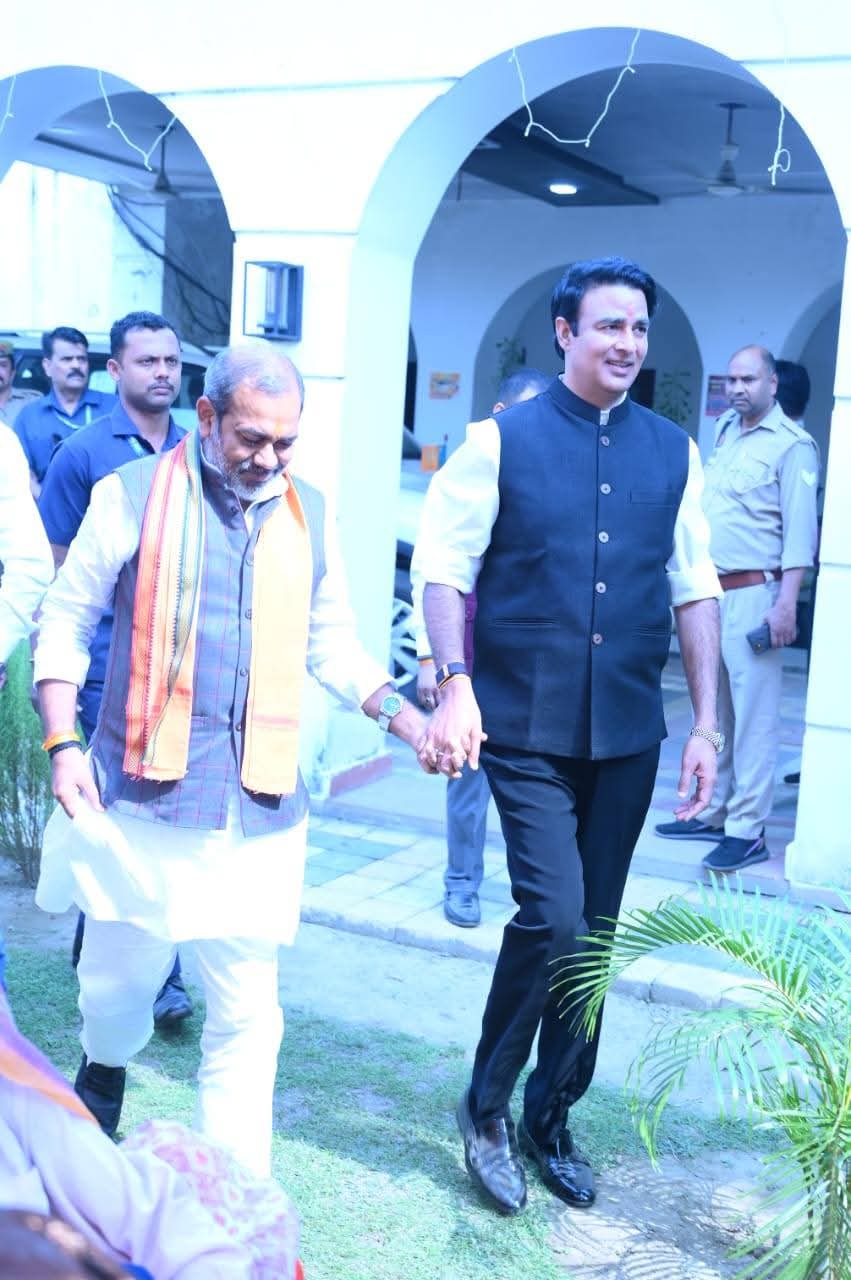 Sangeet Som and Sunil Bharala shake hands, symbolizing Thakur unity in Western UP while Sanjeev Balyan watches in contrast