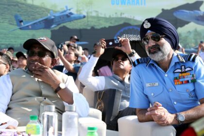 Indian Air Force jets performing aerobatic formations over the Brahmaputra River during the 93rd Anniversary Air Show at Lachit Ghat, Guwahati.