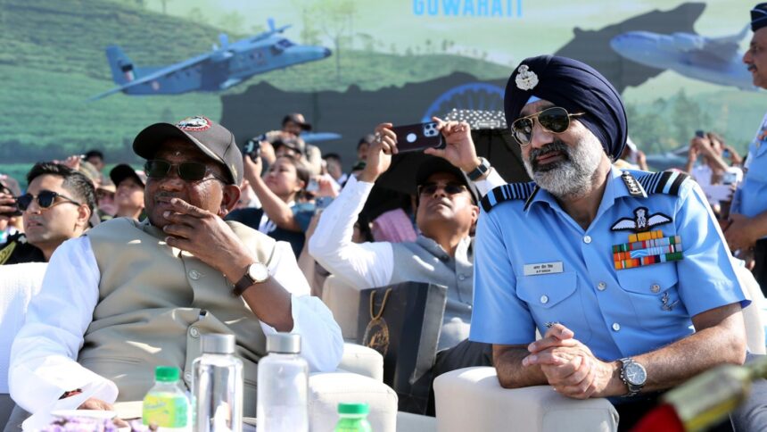 Indian Air Force jets performing aerobatic formations over the Brahmaputra River during the 93rd Anniversary Air Show at Lachit Ghat, Guwahati.