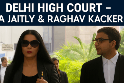 Raghav Kacker and Celina Jaitly outside Delhi High Court after petition hearing on Indian Major General detention case in Dubai
