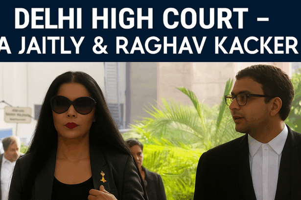 Raghav Kacker and Celina Jaitly outside Delhi High Court after petition hearing on Indian Major General detention case in Dubai