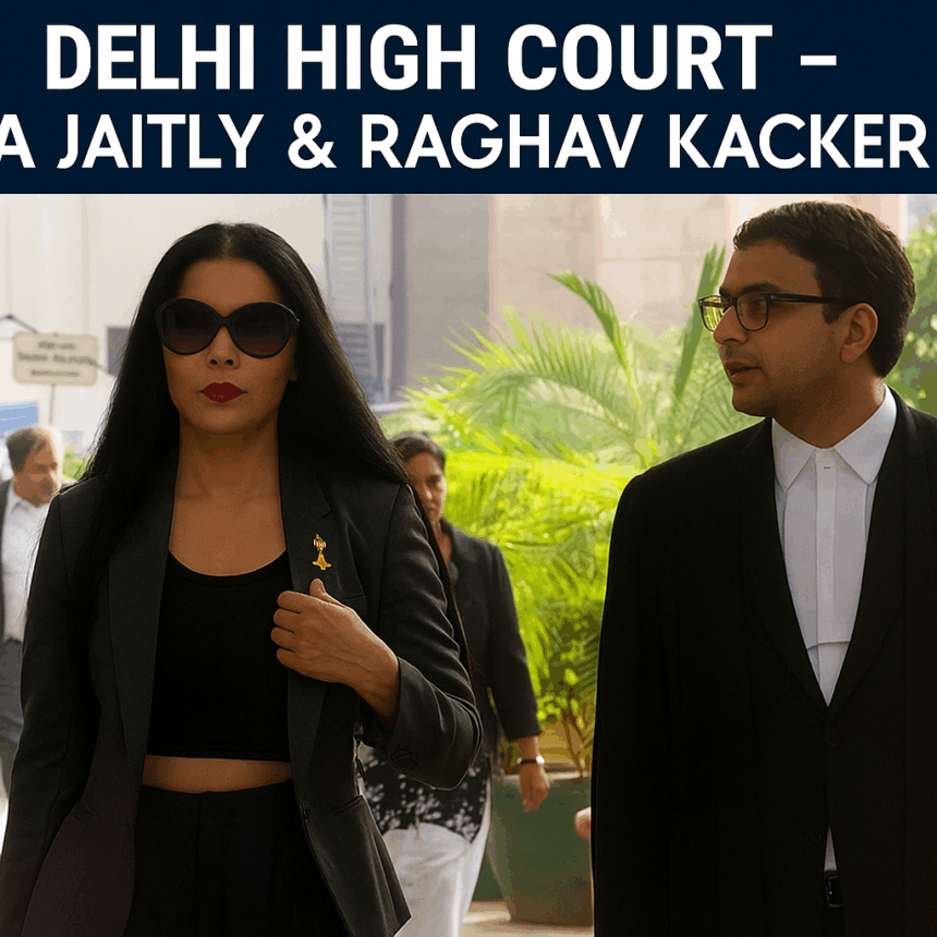 Raghav Kacker and Celina Jaitly outside Delhi High Court after petition hearing on Indian Major General detention case in Dubai