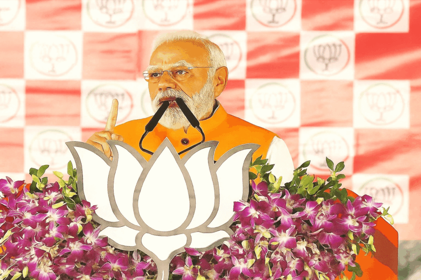 दरभंगा की जनसभा में प्रधानमंत्री नरेंद्र मोदी मंच से संबोधित करते हुए, पृष्ठभूमि में भाजपा का कमल निशान और समर्थकों की भीड़ नजर आ रही है।