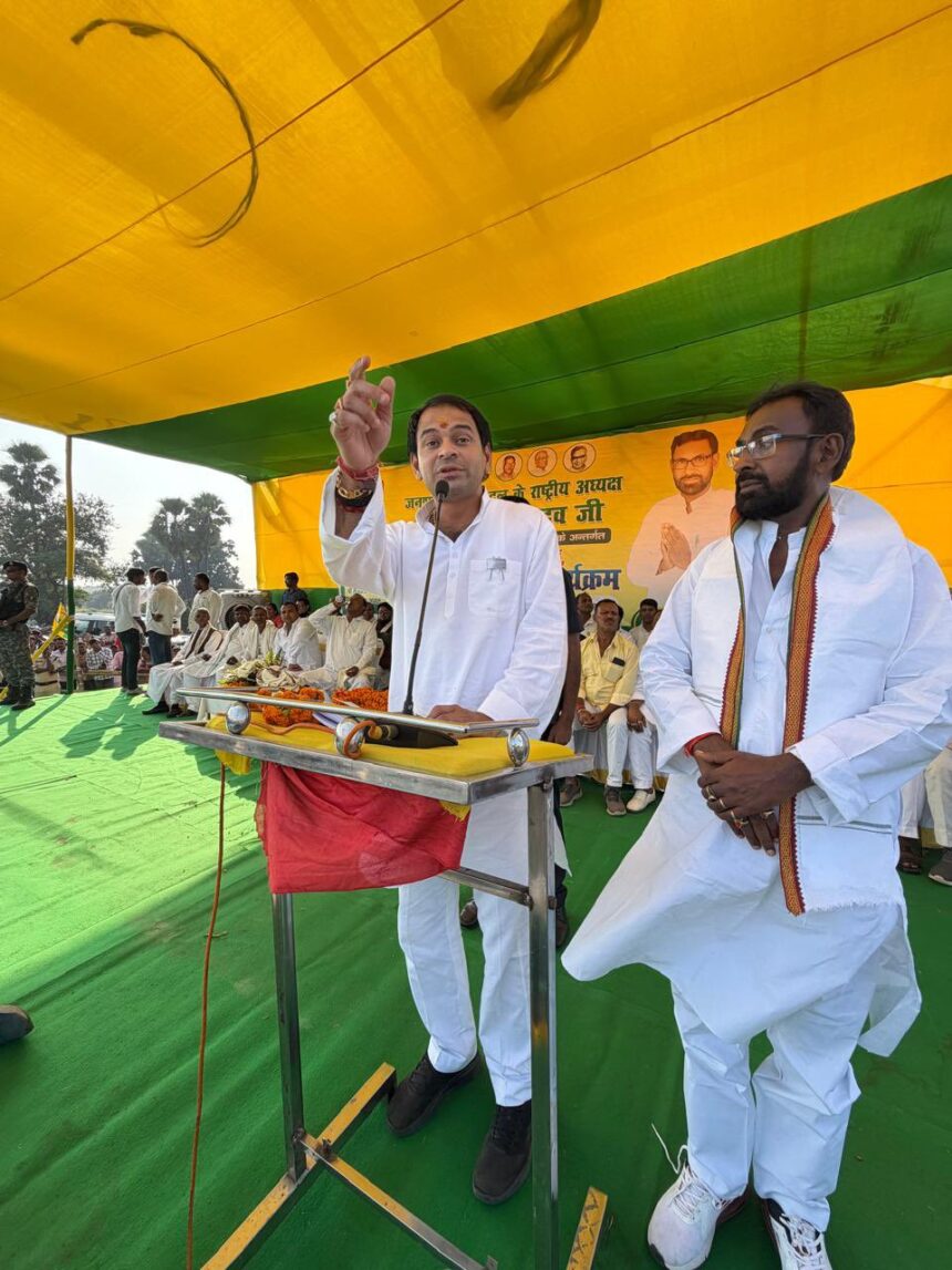 Tej Pratap Yadav addressing a public rally in Sirdaula, Bihar, saying ‘If Dharma survives, politics will survive — I hold the key to Bihar’s next government.