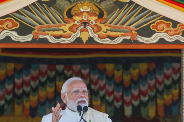 Prime Minister Narendra Modi delivering a speech in Bhutan on Delhi blast, vowing strict action against culprits; background visuals of Red Fort explosion site and security personnel inspecting the area.