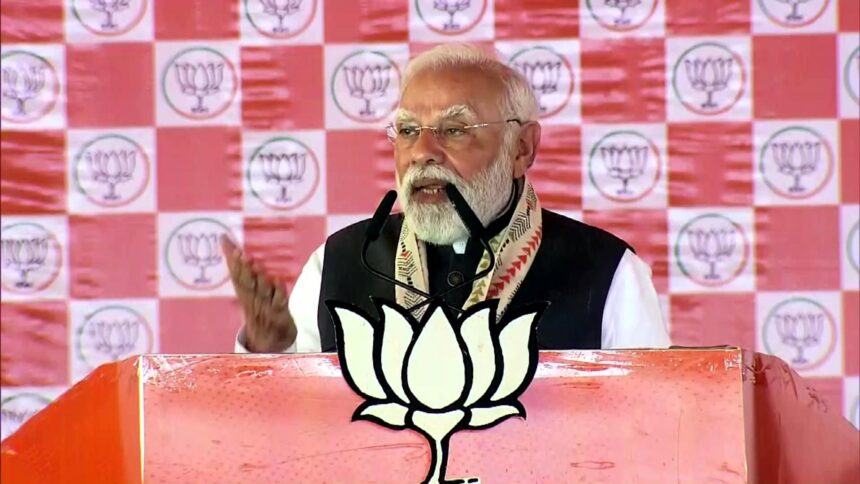 PM Modi addressing massive crowd at Sitamarhi rally, Bihar — attacking RJD over ‘jungle raj’ and urging youth towards development.
