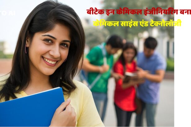 Students discussing B.Tech in Chemical Engineering vs Chemical Science and Technology courses with books and lab background.