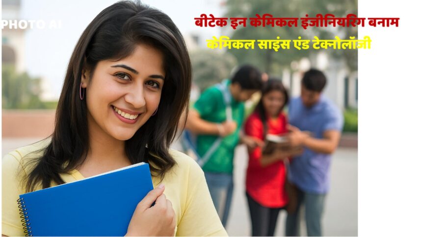 Students discussing B.Tech in Chemical Engineering vs Chemical Science and Technology courses with books and lab background.