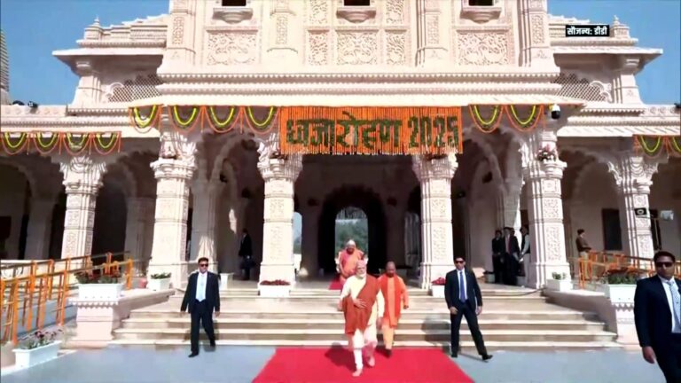 Ayodhya city view with Ram Mandir and economic growth indicators showing GDP rise