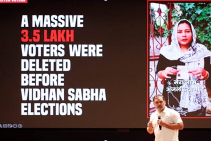 सोनीपत की अंजलि त्यागी मीडिया से बात करती हुईं, राहुल गांधी के ‘एच फाइल्स’ दावे पर प्रतिक्रिया देतीं, पीछे भाजपा का वीडियो क्लिप चल रहा है