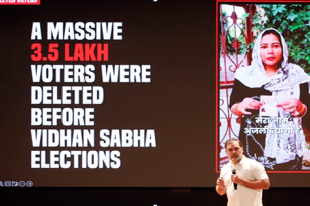 सोनीपत की अंजलि त्यागी मीडिया से बात करती हुईं, राहुल गांधी के ‘एच फाइल्स’ दावे पर प्रतिक्रिया देतीं, पीछे भाजपा का वीडियो क्लिप चल रहा है