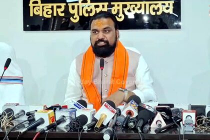 Samrat Choudhary addressing media after taking charge as Bihar Home Minister, announcing bulldozer action, Anti-Romeo Squad, and strict law enforcement.