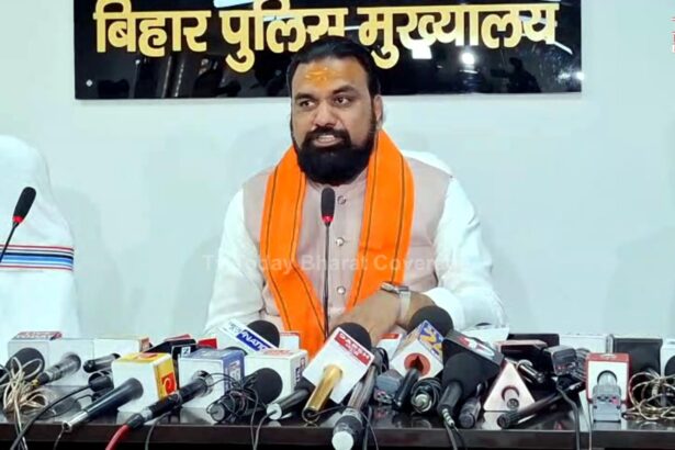 Samrat Choudhary addressing media after taking charge as Bihar Home Minister, announcing bulldozer action, Anti-Romeo Squad, and strict law enforcement.