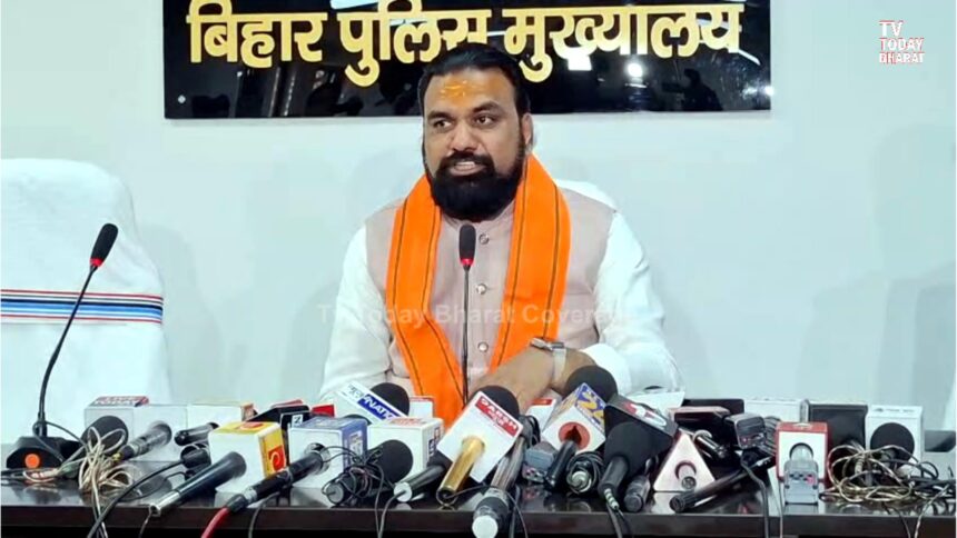 Samrat Choudhary addressing media after taking charge as Bihar Home Minister, announcing bulldozer action, Anti-Romeo Squad, and strict law enforcement.