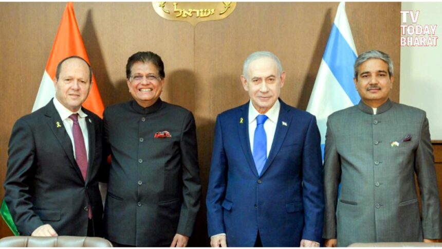 Piyush Goyal meeting Israeli PM Netanyahu, discussing India–Israel FTA and trade cooperation.