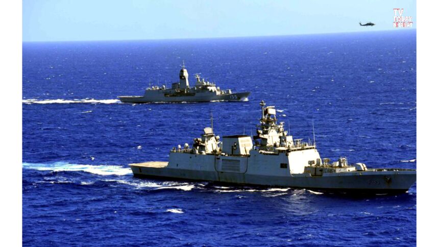 INS Sahyadri and HMAS Ballarat conducting joint naval drills during AUSINDEX 2025 in the Northern Pacific