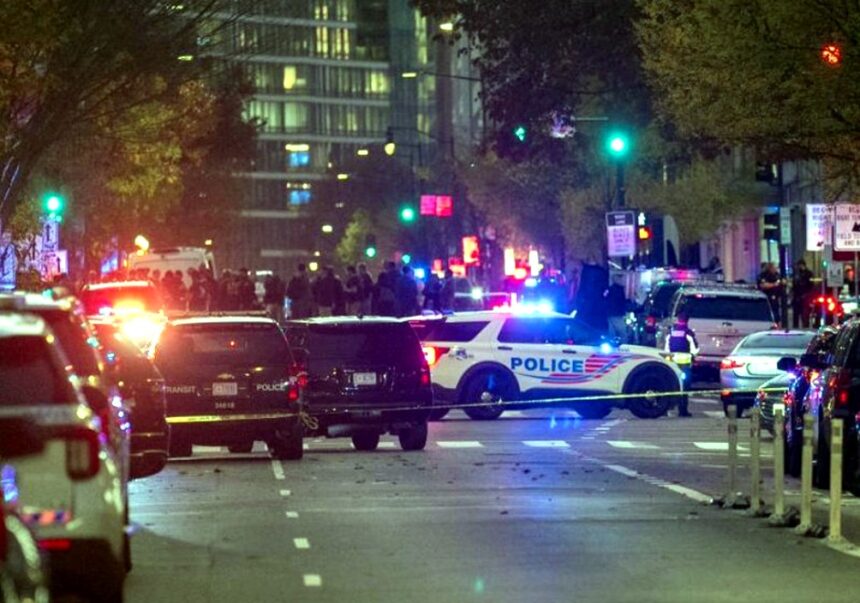 Washington DC crime scene with National Guard and police security after shooting near White House