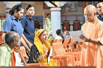 Yogi Adityanath listening to citizens’ grievances during Janata Darshan in Lucknow, Uttar Pradesh