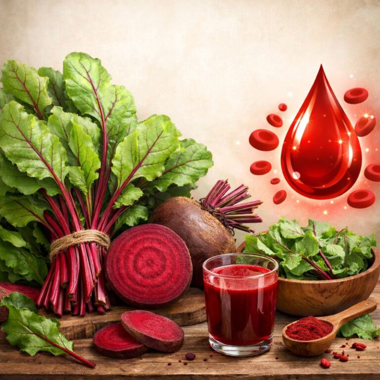 Fresh beetroot leaves rich in iron and antioxidants, helpful for body detox and improving hemoglobin levels