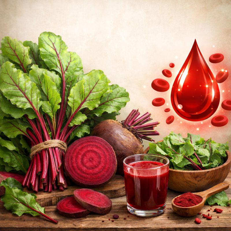 Fresh beetroot leaves rich in iron and antioxidants, helpful for body detox and improving hemoglobin levels