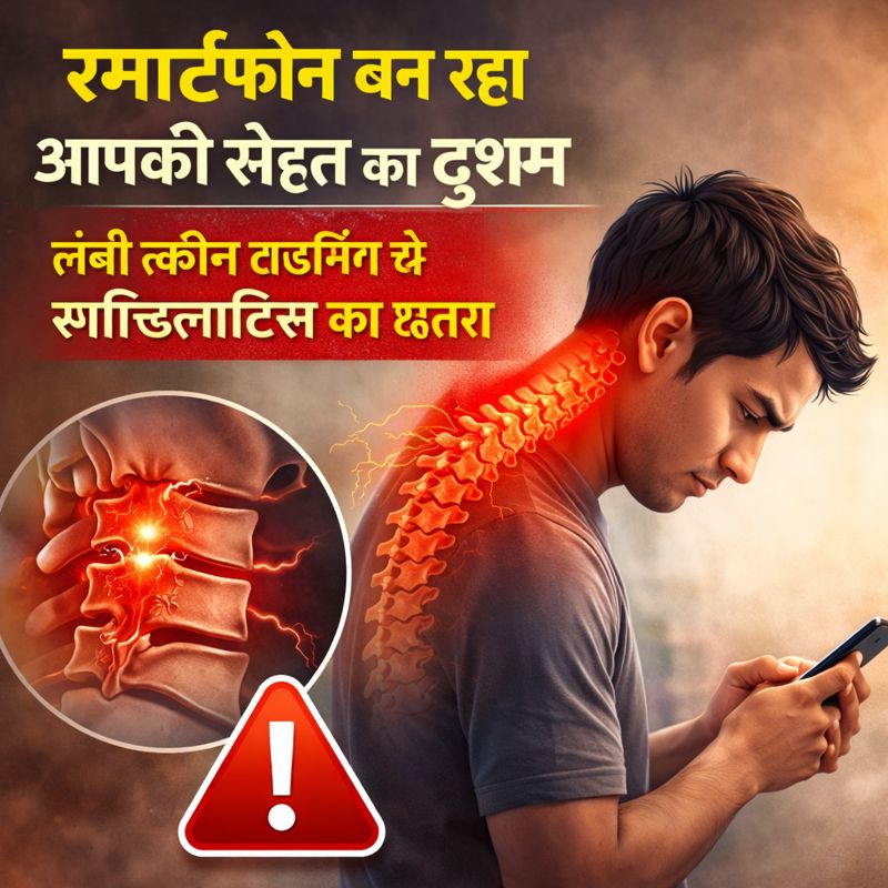 लंबे समय तक स्मार्टफोन इस्तेमाल करने से गर्दन दर्द और स्पॉन्डिलाइटिस का खतरा दर्शाती हुई इमेज