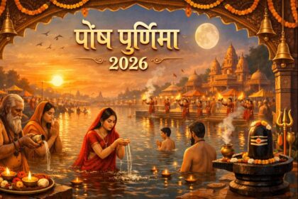 पौष पूर्णिमा 2026 की तिथि और मुहूर्त की जानकारी दर्शाता हुआ धार्मिक पोस्टर, जिसमें स्नान-दान, व्रत तिथि और चंद्र उदय का समय तालिका के रूप में दिखाया गया है।