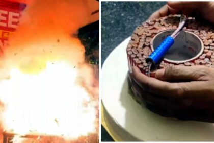 birthday cake prank with hidden firecrackers exploding as friends run in viral video