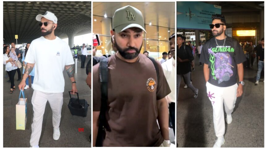 Virat Kohli, Mohammed Siraj and Rohit Sharma spotted at Mumbai Airport in casual looks, interacting with fans and posing for paparazzi.