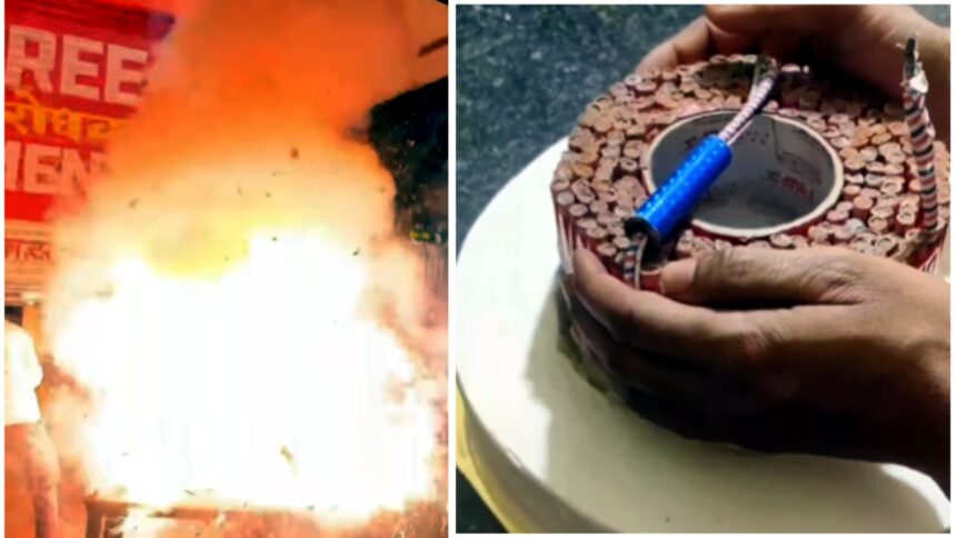 birthday cake prank with hidden firecrackers exploding as friends run in viral video