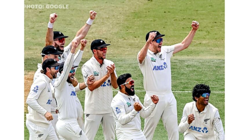 IPL match showing super over excitement with cheering crowd, batsman celebrating century and bowler taking a hat-trick, alongside New Zealand cricket team celebrating a dominant 323-run Test victory over West Indies.