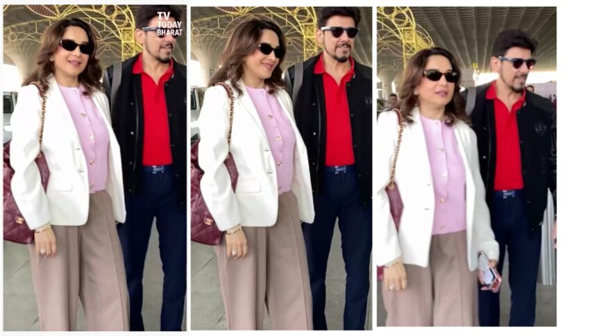 Madhuri Dixit spotted at airport with husband Dr Shriram Nene smiling for paparazzi