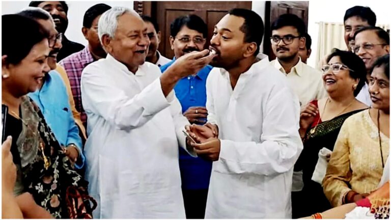 Nitish Kumar with JDU leaders as party workers discuss possible political entry of his son Nishant Kumar in Bihar