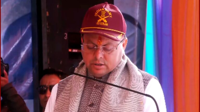 Uttarakhand CM Pushkar Singh Dhami attending the 18th Amar Shaheed Sainik Mela in Sawar, Chamoli, paying tribute to brave soldiers
